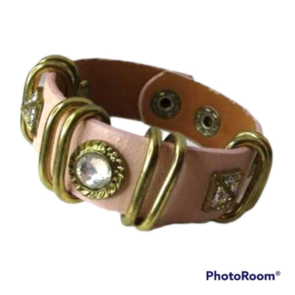 Light pink faux leather rhinestone studded snap cuff bracelet